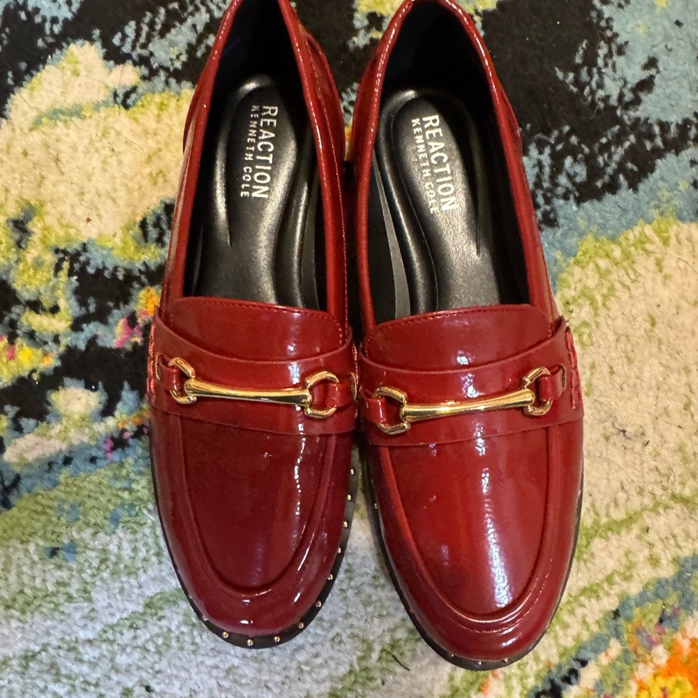 Kenneth Cole Reaction Patent Red Loafers with Gold Hardware